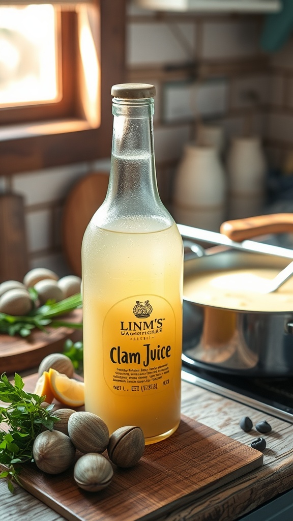 A bottle of clam juice with fresh clams and a pot of clam chowder on a rustic kitchen counter.